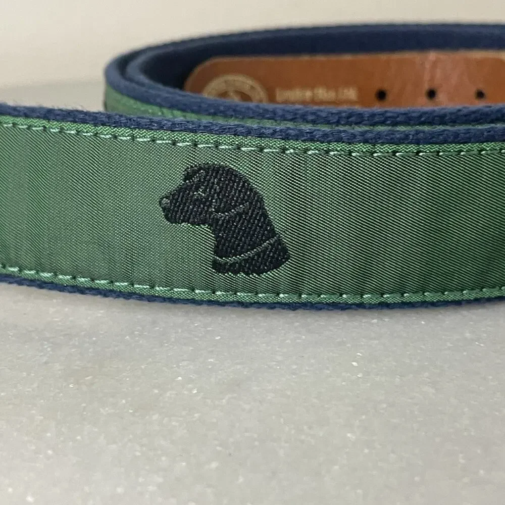 Leather Man Ltd. Black Lab Dog Fabric & Leather Belt VTG Men Sz 48” Preppy